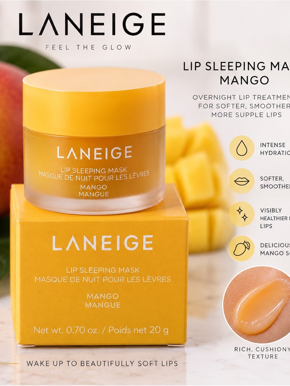 LANEIGE Mango Lip Sleeping Mask - Bright Yellow Nourishing Balm